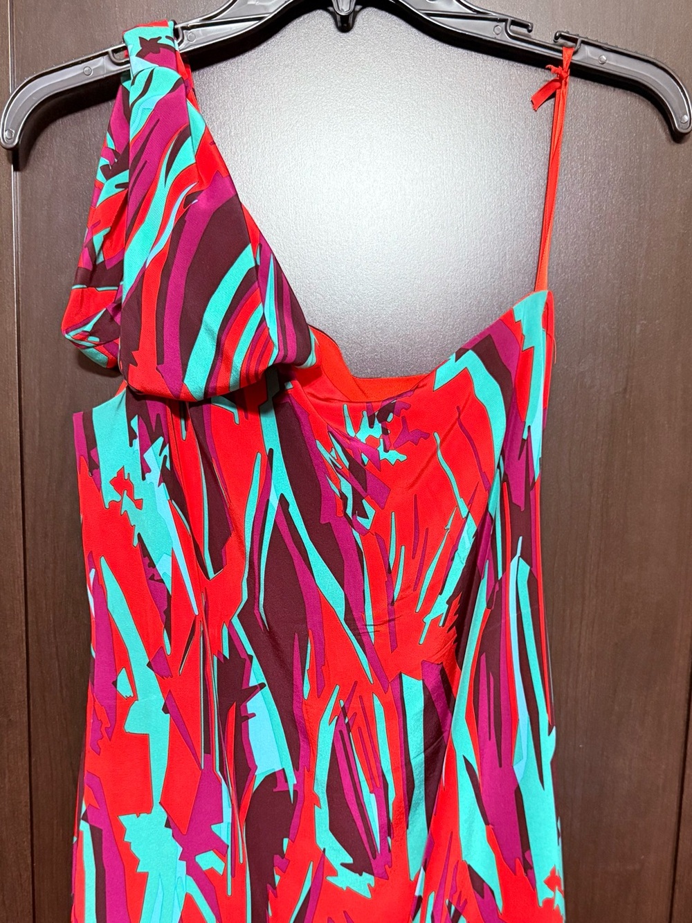 BCBGMaxAzria Red Abstract One-Shoulder Dress with Aqua Accent.